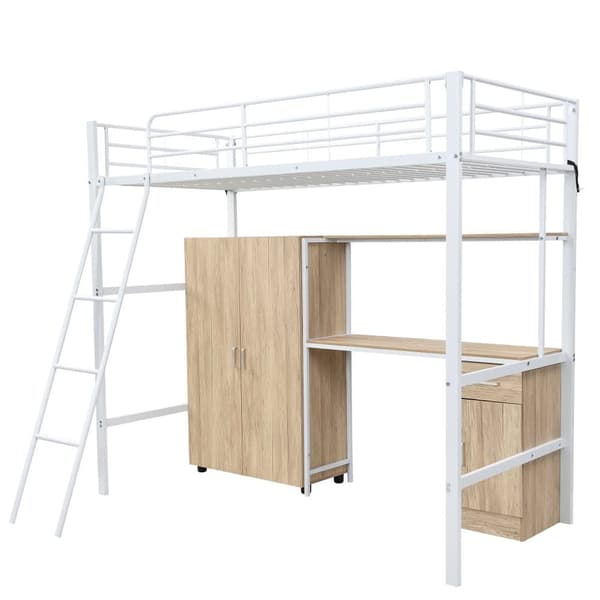 Hems seng 90x200 cm - med skrivebord og hylder - med garderobe - sikkerhedsstige med 4 trin - metal + MDF - hvid + natur (uden madras)