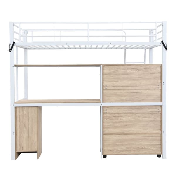 Hems seng 90x200 cm - med skrivebord og hylder - med garderobe - sikkerhedsstige med 4 trin - metal + MDF - hvid + natur (uden madras)