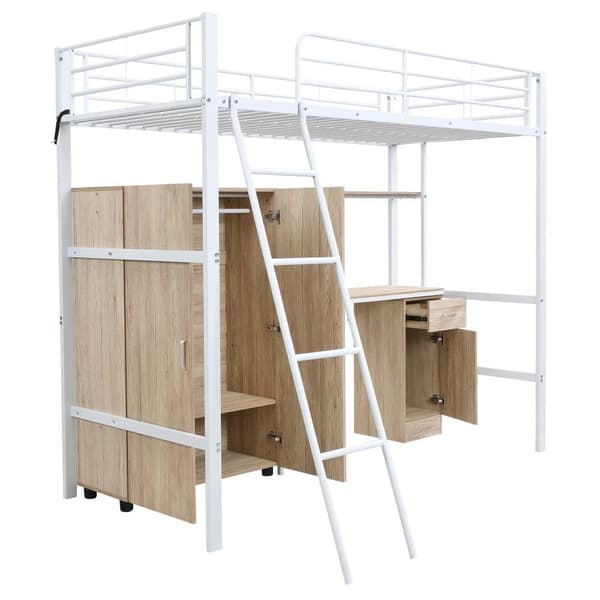 Hems seng 90x200 cm - med skrivebord og hylder - med garderobe - sikkerhedsstige med 4 trin - metal + MDF - hvid + natur (uden madras)