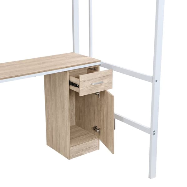 Hems seng 90x200 cm - med skrivebord og hylder - med garderobe - sikkerhedsstige med 4 trin - metal + MDF - hvid + natur (uden madras)