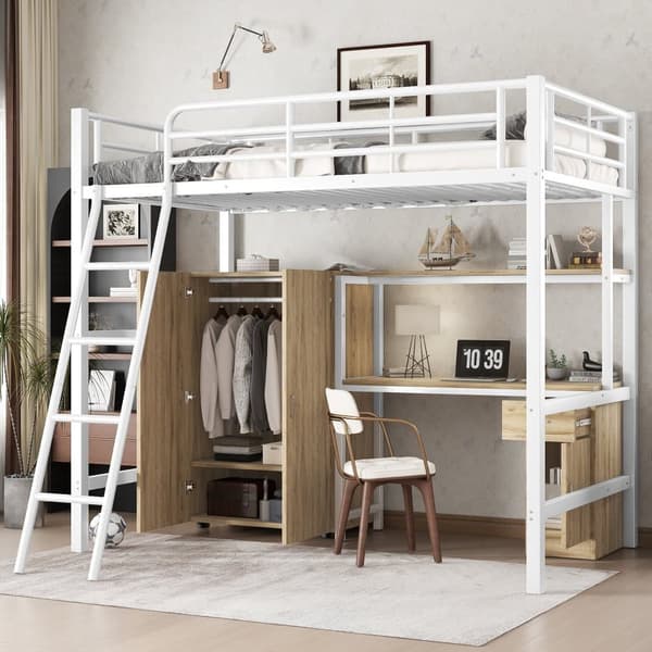 Hems seng 90x200 cm - med skrivebord og hylder - med garderobe - sikkerhedsstige med 4 trin - metal + MDF - hvid + natur (uden madras)