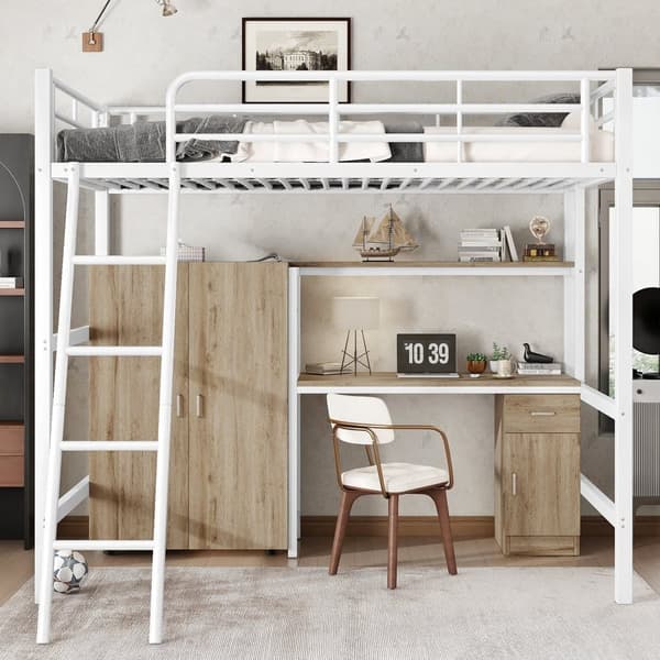 Hems seng 90x200 cm - med skrivebord og hylder - med garderobe - sikkerhedsstige med 4 trin - metal + MDF - hvid + natur (uden madras)