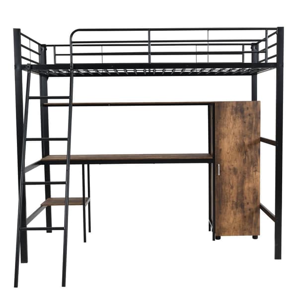 Loftsäng 90x200 cm - med skrivbord och hyllor - med garderob - säkerhetsstege med 4 steg - metall + MDF - svart + natur (utan madrass)