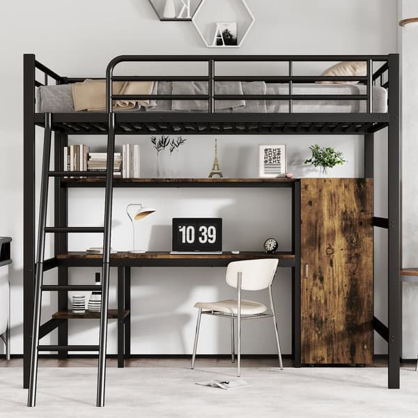 Loftsäng 90x200 cm - med skrivbord och hyllor - med garderob - säkerhetsstege med 4 steg - metall + MDF - svart + natur (utan madrass)