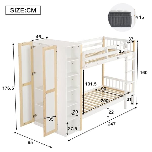 Lasten kerrossänky suojakaiteella, 4-portaiset tikkaat, 6 avohyllyä, vaatekaappi sivulla, runsaasti säilytystilaa, valkoinen+luonnonvärinen, 90x200 cm
