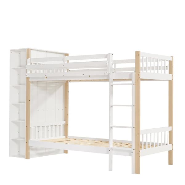 Lasten kerrossänky suojakaiteella, 4-portaiset tikkaat, 6 avohyllyä, vaatekaappi sivulla, runsaasti säilytystilaa, valkoinen+luonnonvärinen, 90x200 cm