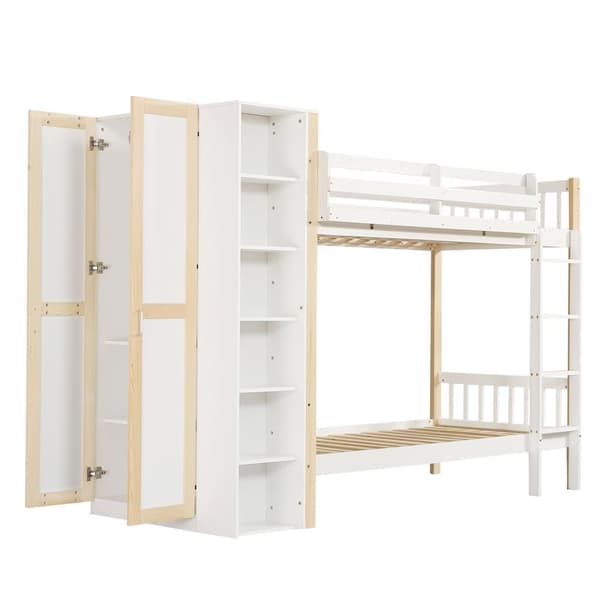 Lasten kerrossänky suojakaiteella, 4-portaiset tikkaat, 6 avohyllyä, vaatekaappi sivulla, runsaasti säilytystilaa, valkoinen+luonnonvärinen, 90x200 cm