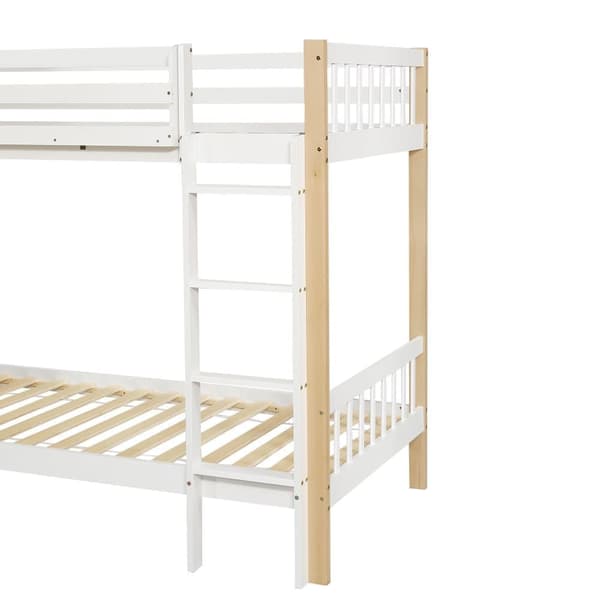 Køjeseng til børn med gelænder, 4-trins stige, 6 åbne hylder, garderobeskab på siden, masser af opbevaring, fyrretræ+spånplade, hvid+natur, 90x200 cm