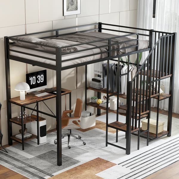 Metallinen kerrossänky lapsille ja nuorille, kulmatikkaat, työpöytä, avoin vaatekaappi ja hyllyt, silitysrauta+MDF, musta+vintage-puu, 120x200 cm
