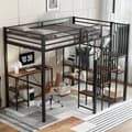 Pikkukuva 3 / 11: Metallinen kerrossänky lapsille ja nuorille, kulmatikkaat, työpöytä, avoin vaatekaappi ja hyllyt, silitysrauta+MDF, musta+vintage-puu, 120x200 cm