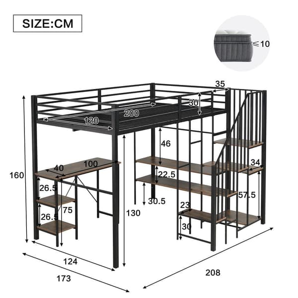 Metallinen kerrossänky lapsille ja nuorille, kulmatikkaat, työpöytä, avoin vaatekaappi ja hyllyt, silitysrauta+MDF, musta+vintage-puu, 120x200 cm