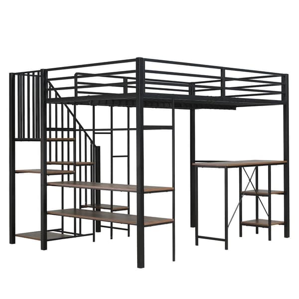 Metallinen kerrossänky lapsille ja nuorille, kulmatikkaat, työpöytä, avoin vaatekaappi ja hyllyt, silitysrauta+MDF, musta+vintage-puu, 120x200 cm