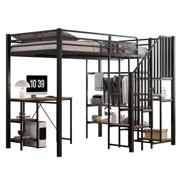 Metallinen kerrossänky lapsille ja nuorille, kulmatikkaat, työpöytä, avoin vaatekaappi ja hyllyt, silitysrauta+MDF, musta+vintage-puu, 120x200 cm