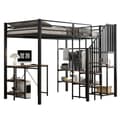Pikkukuva 6 / 11: Metallinen kerrossänky lapsille ja nuorille, kulmatikkaat, työpöytä, avoin vaatekaappi ja hyllyt, silitysrauta+MDF, musta+vintage-puu, 120x200 cm