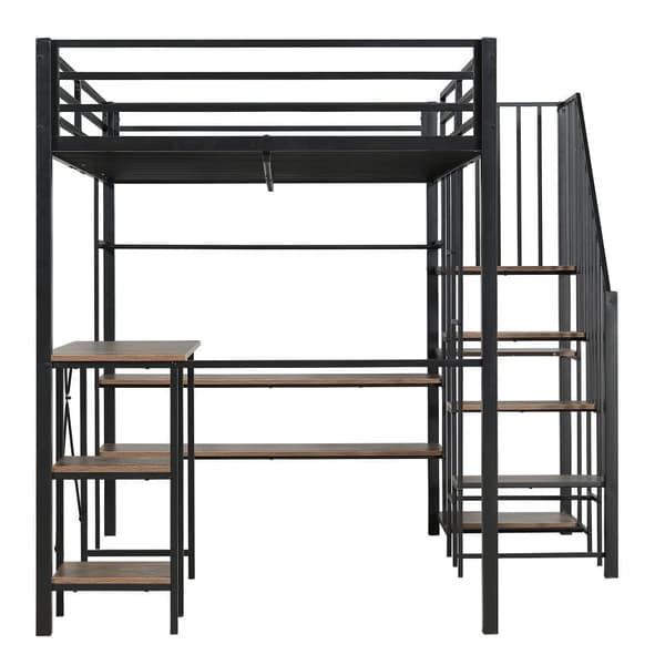 Metallinen kerrossänky lapsille ja nuorille, kulmatikkaat, työpöytä, avoin vaatekaappi ja hyllyt, silitysrauta+MDF, musta+vintage-puu, 120x200 cm
