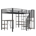 Pikkukuva 8 / 11: Metallinen kerrossänky lapsille ja nuorille, kulmatikkaat, työpöytä, avoin vaatekaappi ja hyllyt, silitysrauta+MDF, musta+vintage-puu, 120x200 cm