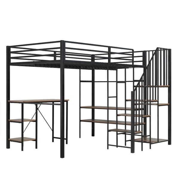 Metallinen kerrossänky lapsille ja nuorille, kulmatikkaat, työpöytä, avoin vaatekaappi ja hyllyt, silitysrauta+MDF, musta+vintage-puu, 120x200 cm