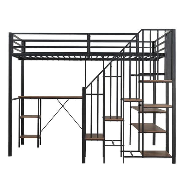 Metallinen kerrossänky lapsille ja nuorille, kulmatikkaat, työpöytä, avoin vaatekaappi ja hyllyt, silitysrauta+MDF, musta+vintage-puu, 120x200 cm
