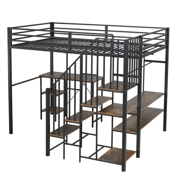 Metallinen kerrossänky lapsille ja nuorille, kulmatikkaat, työpöytä, avoin vaatekaappi ja hyllyt, silitysrauta+MDF, musta+vintage-puu, 120x200 cm