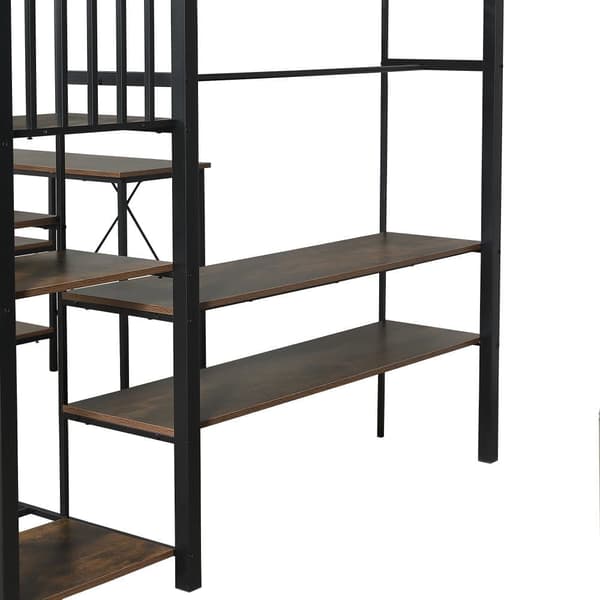 Metallinen kerrossänky lapsille ja nuorille, kulmatikkaat, työpöytä, avoin vaatekaappi ja hyllyt, silitysrauta+MDF, musta+vintage-puu, 120x200 cm