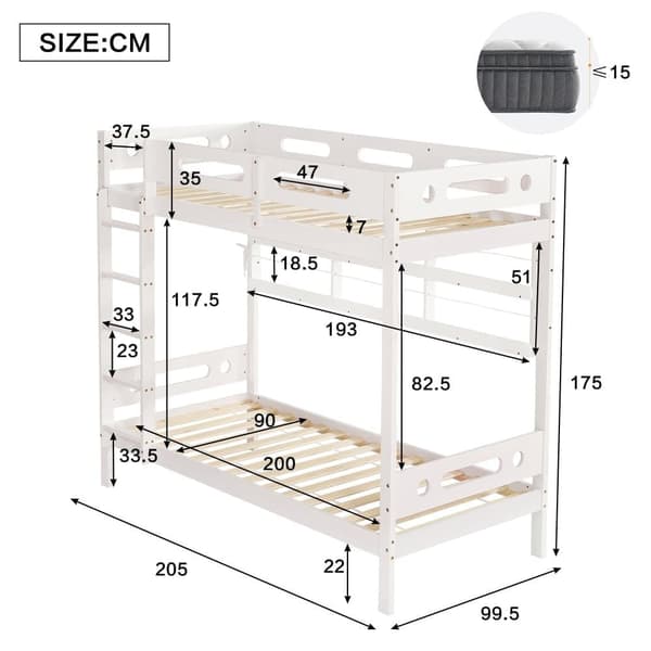 Våningssäng för barn med skyddsräcke, 5-stegs stege, 2 lådor på hjul, öppet hyllplan, gott om förvaring, furu+MDF, vit, 90x200 cm