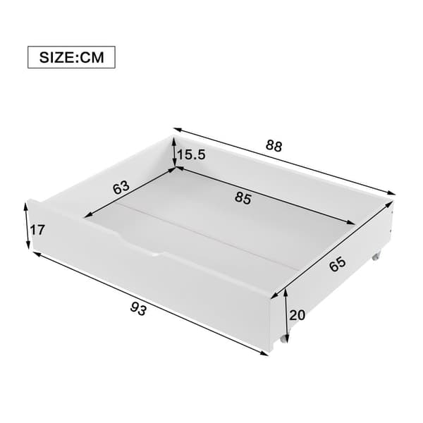 Våningssäng för barn med skyddsräcke, 5-stegs stege, 2 lådor på hjul, öppet hyllplan, gott om förvaring, furu+MDF, vit, 90x200 cm