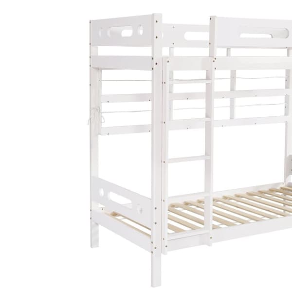 Våningssäng för barn med skyddsräcke, 5-stegs stege, 2 lådor på hjul, öppet hyllplan, gott om förvaring, furu+MDF, vit, 90x200 cm