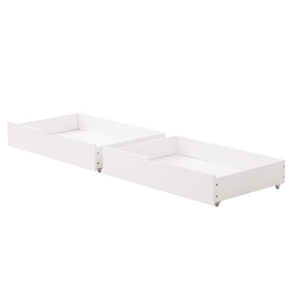 Våningssäng för barn med skyddsräcke, 5-stegs stege, 2 lådor på hjul, öppet hyllplan, gott om förvaring, furu+MDF, vit, 90x200 cm