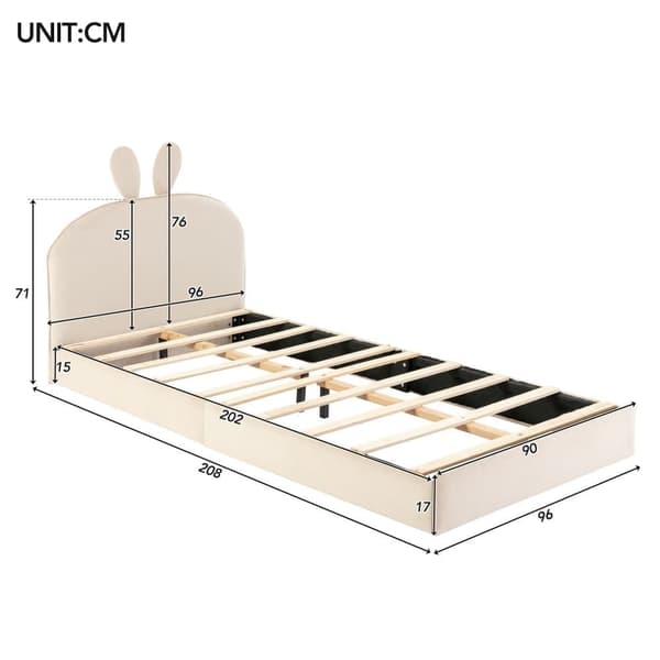 Lastensänky 90x200 cm kanin muotoisella sängynpäädyllä, pehmustettu samettisängynrunko, beige, puinen sälepohja