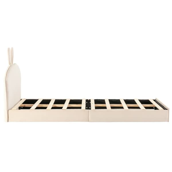 Lastensänky 90x200 cm kanin muotoisella sängynpäädyllä, pehmustettu samettisängynrunko, beige, puinen sälepohja
