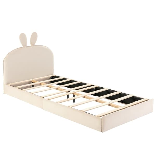 Lastensänky 90x200 cm kanin muotoisella sängynpäädyllä, pehmustettu samettisängynrunko, beige, puinen sälepohja