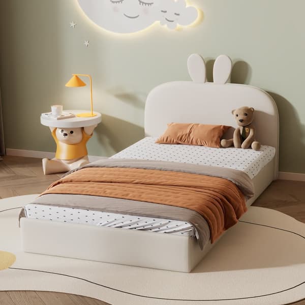 Lastensänky 90x200 cm kanin muotoisella sängynpäädyllä, pehmustettu samettisängynrunko, beige, puinen sälepohja