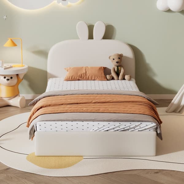 Lastensänky 90x200 cm kanin muotoisella sängynpäädyllä, pehmustettu samettisängynrunko, beige, puinen sälepohja