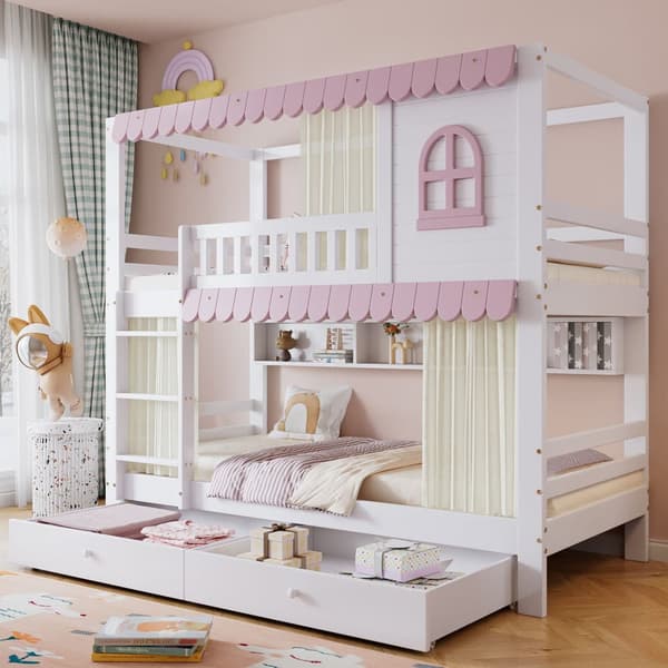 Våningssäng för barn 90x200 cm – med fönster och gardiner, skyddsräcke, öppna hyllor, 2 lådor med hjul, mycket förvaring, stabil räcke, furu+MDF, vit
