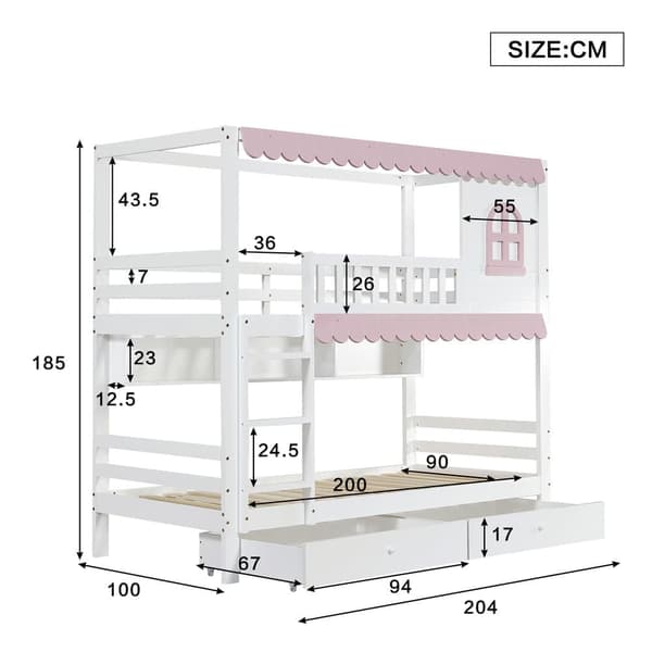 Våningssäng för barn 90x200 cm – med fönster och gardiner, skyddsräcke, öppna hyllor, 2 lådor med hjul, mycket förvaring, stabil räcke, furu+MDF, vit