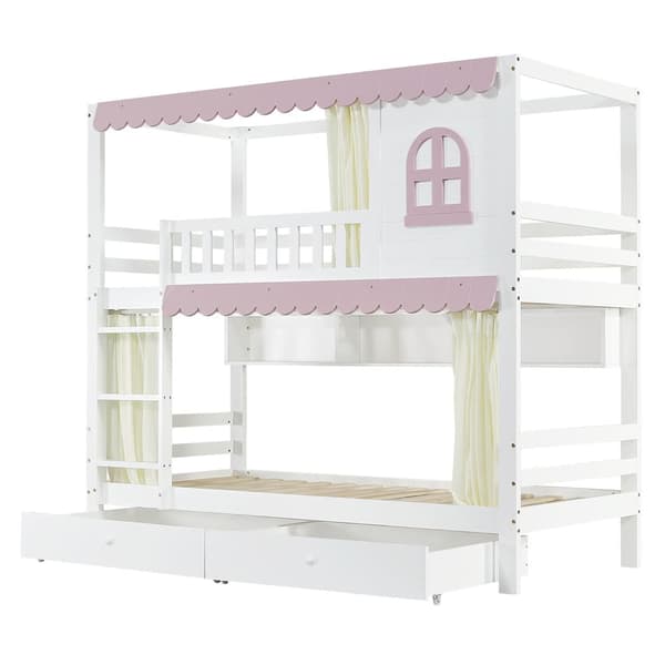 Våningssäng för barn 90x200 cm – med fönster och gardiner, skyddsräcke, öppna hyllor, 2 lådor med hjul, mycket förvaring, stabil räcke, furu+MDF, vit