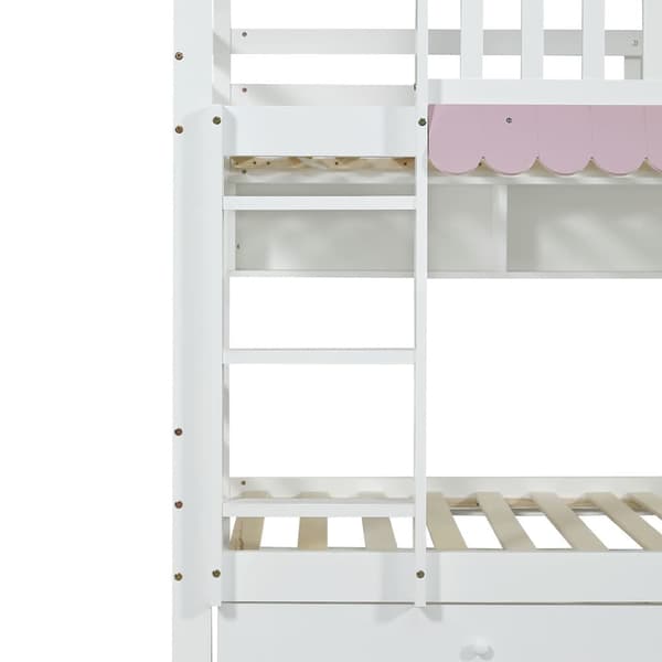 Våningssäng för barn 90x200 cm – med fönster och gardiner, skyddsräcke, öppna hyllor, 2 lådor med hjul, mycket förvaring, stabil räcke, furu+MDF, vit