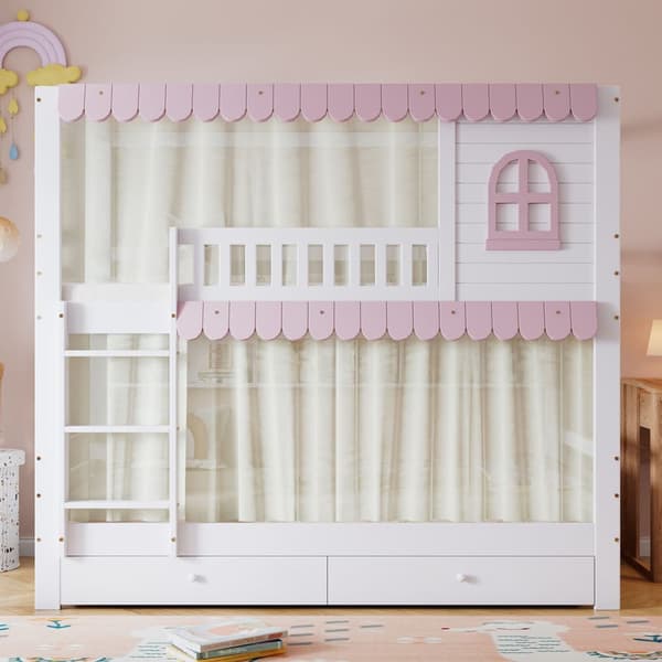 Våningssäng för barn 90x200 cm – med fönster och gardiner, skyddsräcke, öppna hyllor, 2 lådor med hjul, mycket förvaring, stabil räcke, furu+MDF, vit