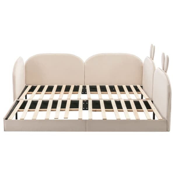 Barnsäng med kanin-formad stoppad sänggavel – 2 enkelsängar eller dubbelsäng, sammet, beige, 90x200 cm & 180x200 cm