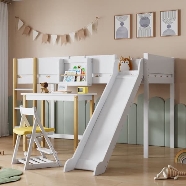 Loftsäng med rak stege och rutschkana – barnsäng med skrivbord och avtagbar hylla, vit/natur, furu + MDF, 90x200 cm
