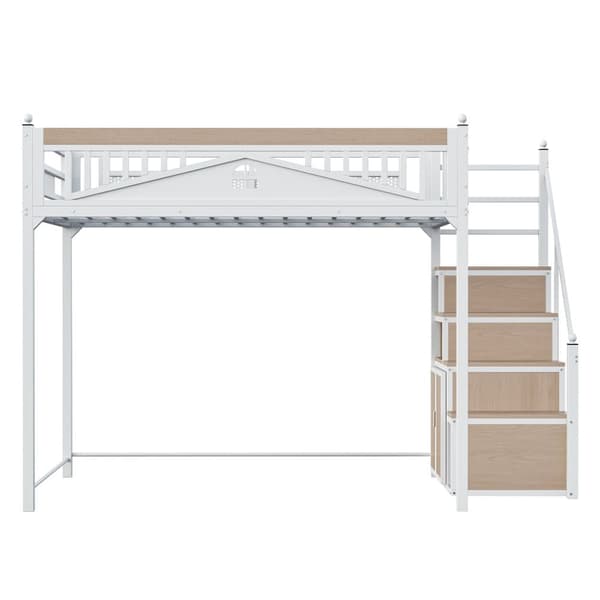 Loftsäng i metall 140x200 cm – säkerhetssäng med fönsterdesign, metallräcken med dekorativa kulor, vit, vändbar stege och förvaringsskåp