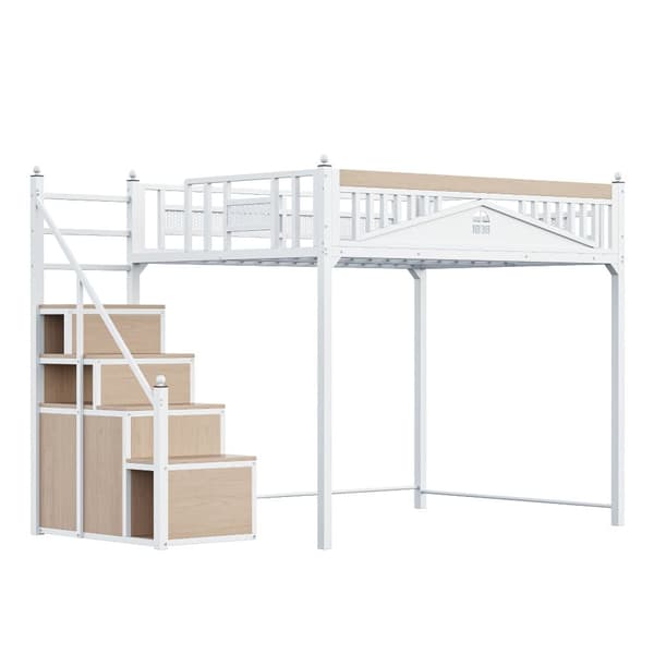 Loftsäng i metall 140x200 cm – säkerhetssäng med fönsterdesign, metallräcken med dekorativa kulor, vit, vändbar stege och förvaringsskåp
