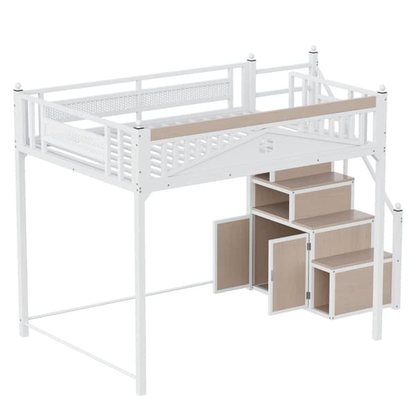 Loftsäng i metall 140x200 cm – säkerhetssäng med fönsterdesign, metallräcken med dekorativa kulor, vit, vändbar stege och förvaringsskåp
