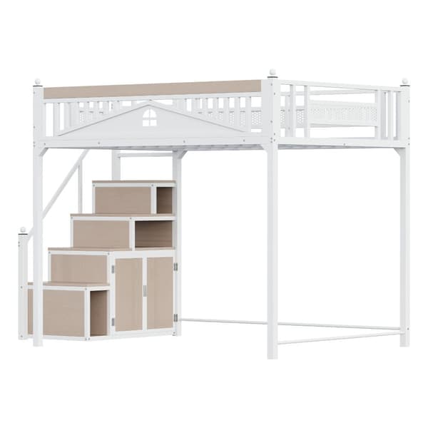 Loftsäng i metall 140x200 cm – säkerhetssäng med fönsterdesign, metallräcken med dekorativa kulor, vit, vändbar stege och förvaringsskåp