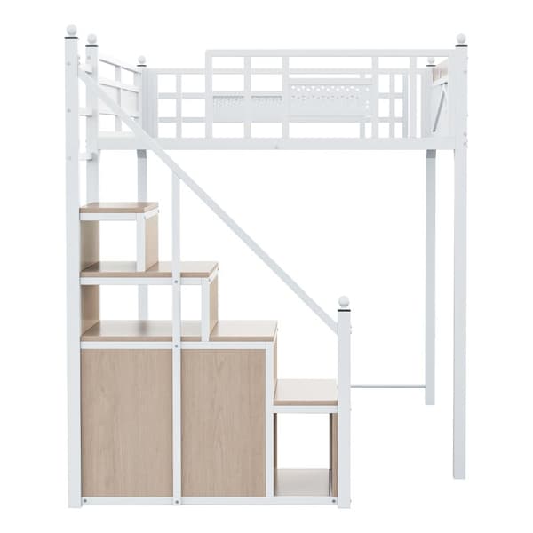 Loftsäng i metall 140x200 cm – säkerhetssäng med fönsterdesign, metallräcken med dekorativa kulor, vit, vändbar stege och förvaringsskåp