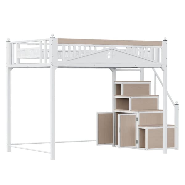 Loftsäng i metall 140x200 cm – säkerhetssäng med fönsterdesign, metallräcken med dekorativa kulor, vit, vändbar stege och förvaringsskåp