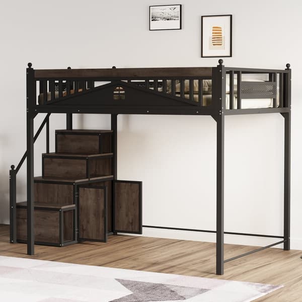 Hems i metal 140x200 cm, sort – med gelænder, vinduesdesign og dekorative metalkugler, vendbar stige med opbevaringsskab