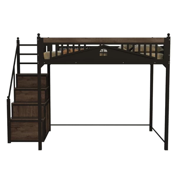 Hems i metal 140x200 cm, sort – med gelænder, vinduesdesign og dekorative metalkugler, vendbar stige med opbevaringsskab