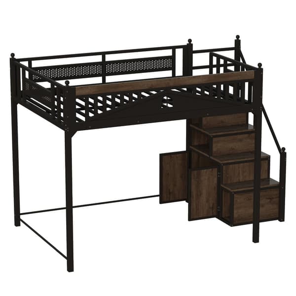 Hems i metal 140x200 cm, sort – med gelænder, vinduesdesign og dekorative metalkugler, vendbar stige med opbevaringsskab