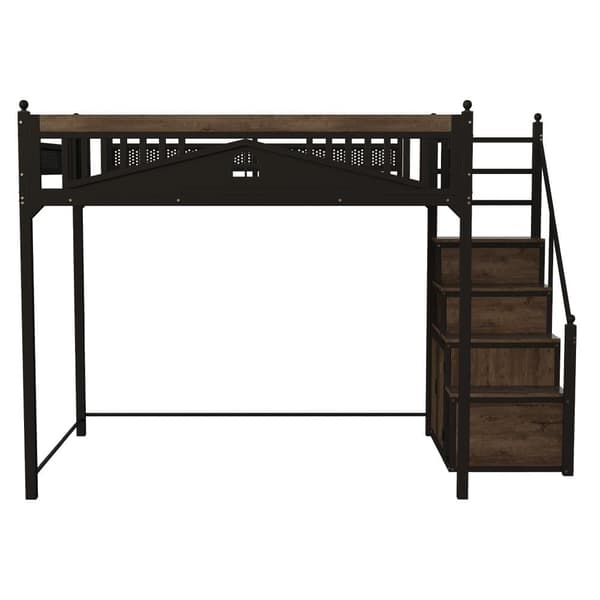 Hems i metal 140x200 cm, sort – med gelænder, vinduesdesign og dekorative metalkugler, vendbar stige med opbevaringsskab